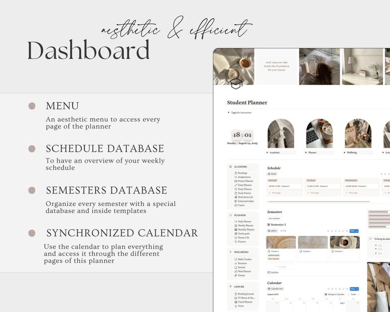 May include: A digital dashboard with the text "aesthetic & efficient" and "Dashboard." The dashboard includes a menu, schedule database, semesters database, and synchronized calendar. A student planner interface is also visible, with a clock showing 18:01.