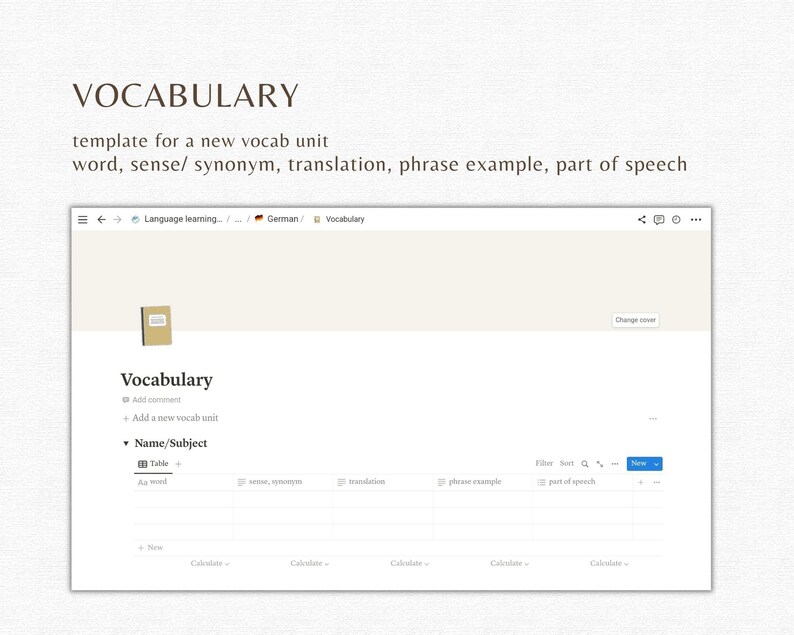 Language Learning Planner, Notion Template, Language Notion Planner