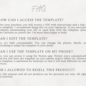 May include: A cream-colored page with the word "FAQ" in cursive at the top. Below, the text answers questions about accessing, editing, and using a template on a phone. The last question addresses reselling the product.