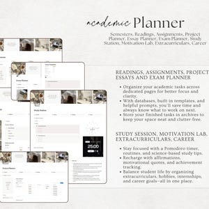 May include: A digital academic planner with various sections, including assignments, essays, and exam planning. The planner features a study station with a timer and motivational tools. The text on the image reads "academic Planner".
