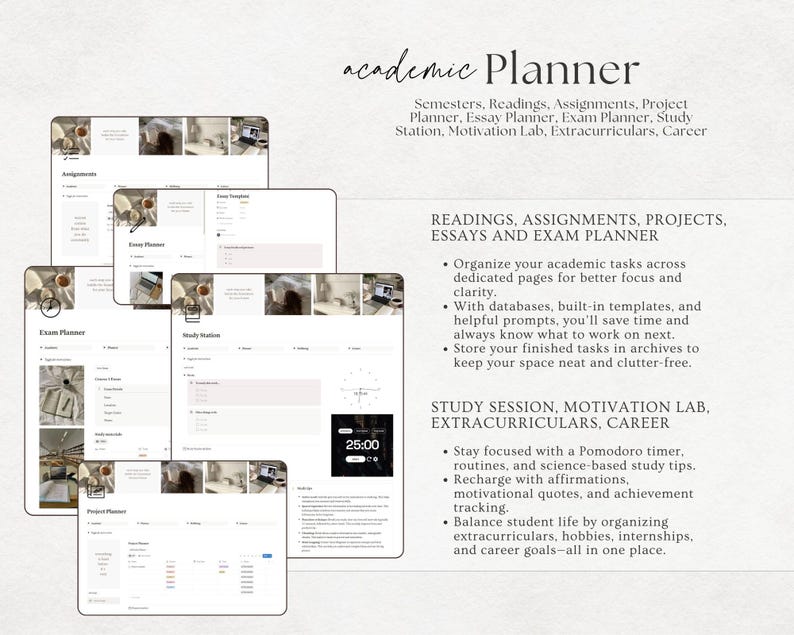 May include: A digital academic planner with various sections, including assignments, essays, and exam planning. The planner features a study station with a timer and motivational tools. The text on the image reads "academic Planner".