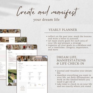 K&ouml;nnte beinhalten: Ein druckbarer Planer mit dem Text "Create and manifest your dream life" und "Yearly Planner". Der Planer enth&auml;lt Abschnitte zum Reflektieren &uuml;ber das vergangene Jahr, zum Setzen von Jahreszielen und zum Journaling &uuml;ber Tr&auml;ume und Manifestationen.