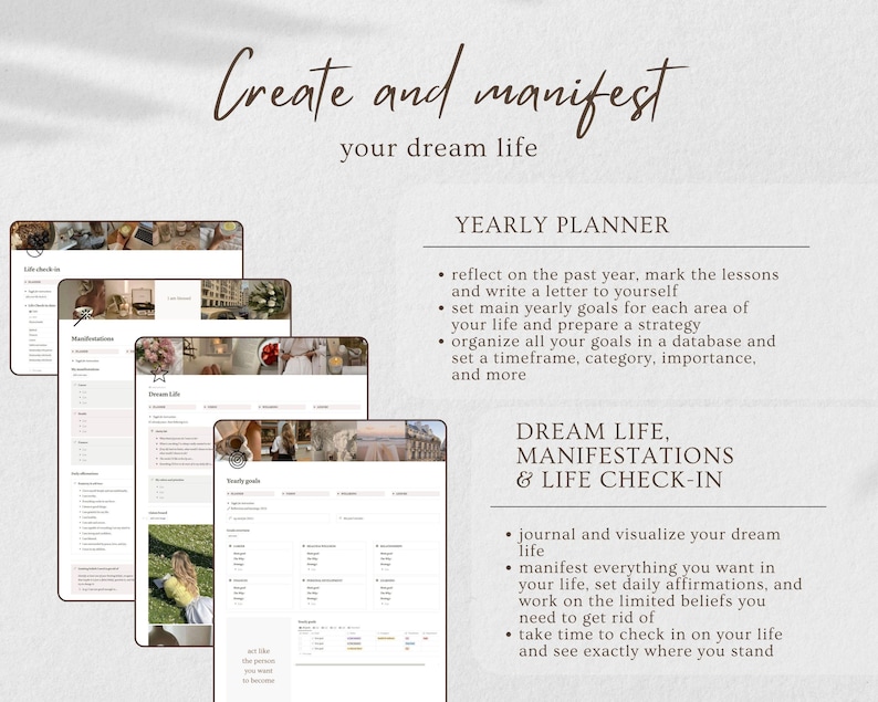 K&ouml;nnte beinhalten: Ein druckbarer Planer mit dem Text "Create and manifest your dream life" und "Yearly Planner". Der Planer enth&auml;lt Abschnitte zum Reflektieren &uuml;ber das vergangene Jahr, zum Setzen von Jahreszielen und zum Journaling &uuml;ber Tr&auml;ume und Manifestationen.