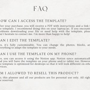 May include: FAQ about a digital planner template. The text explains how to access the template, edit it, use it on a phone, and whether it can be resold.