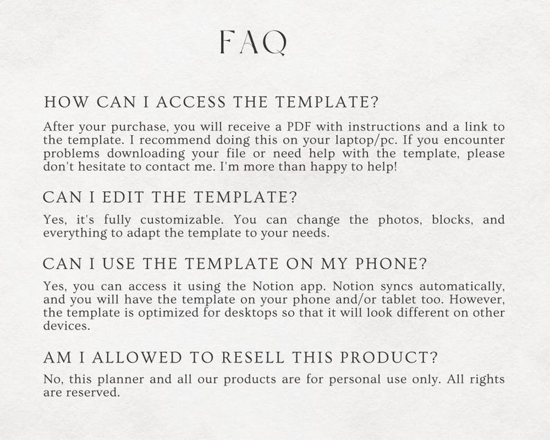 May include: FAQ about a digital planner template. The text explains how to access the template, edit it, use it on a phone, and whether it can be resold.