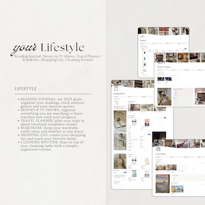 May include: A digital lifestyle planner featuring sections for reading journals, movies, travel planning, wardrobe, shopping lists, and cleaning routines. The image displays the planner's interface, with the text "your Lifestyle".