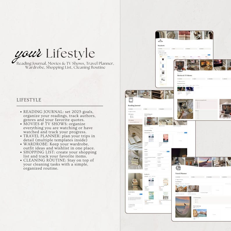 May include: A digital lifestyle planner featuring sections for reading journals, movies, travel planning, wardrobe, shopping lists, and cleaning routines. The image displays the planner's interface, with the text "your Lifestyle".