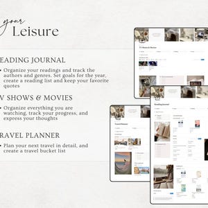 May include: A digital planner with three sections: Reading Journal, TV Shows & Movies, and Travel Planner. The Reading Journal helps organize readings and track authors. The TV Shows & Movies section tracks progress. The Travel Planner helps plan trips.