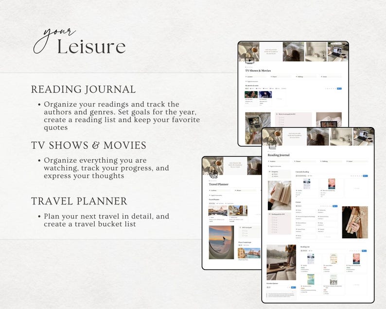 May include: A digital planner with three sections: Reading Journal, TV Shows & Movies, and Travel Planner. The Reading Journal helps organize readings and track authors. The TV Shows & Movies section tracks progress. The Travel Planner helps plan trips.