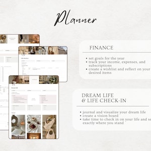May include: A planner with sections for finance, dream life, and life check-in. The finance section includes tips for setting goals, tracking income and expenses, and creating a wishlist. The dream life and life check-in section includes tips for journaling, creating a vision board, and checking in on your life.