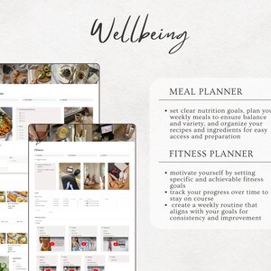 May include: A digital planner with a light pink background and the word "Wellbeing" in black text. The planner is divided into two sections: Meal Planner and Fitness Planner. The Meal Planner section includes the text "set clear nutrition goals, plan your weekly meals to ensure balance and variety, and organize your recipes and ingredients for easy access and preparation." The Fitness Planner section includes the text "motivate yourself by setting specific and achievable fitness goals, track your progress over time to stay on course, create a weekly routine that aligns with your goals for consistency and improvement."