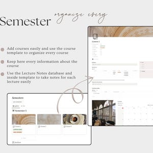 May include: A digital planner interface with the word "Semester" and the phrase "organize every" at the top. The interface includes course organization, lecture notes, and a calendar. The image also includes a list of features.