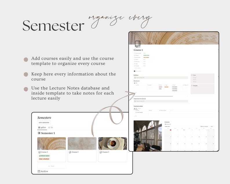 May include: A digital planner interface with the word "Semester" and the phrase "organize every" at the top. The interface includes course organization, lecture notes, and a calendar. The image also includes a list of features.