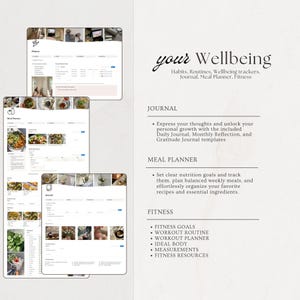 May include: Digital wellbeing planner with sections for journaling, meal planning, and fitness tracking. The design includes a clean layout with a light background and text that reads "your Wellbeing". Includes fitness goals, workout routines, and meal planning.