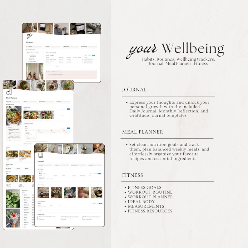 May include: Digital wellbeing planner with sections for journaling, meal planning, and fitness tracking. The design includes a clean layout with a light background and text that reads "your Wellbeing". Includes fitness goals, workout routines, and meal planning.