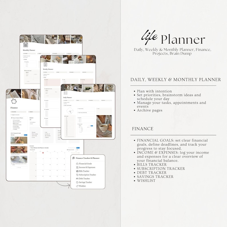 May include: A digital life planner with a minimalist design. The planner includes sections for daily, weekly, and monthly planning, finance tracking, and project management. The text on the image reads "Life Planner".