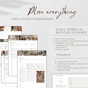 K&ouml;nnte beinhalten: Ein digitaler Planer mit minimalistischem Design in Beige- und Wei&szlig;t&ouml;nen. Der Planer umfasst t&auml;gliche, w&ouml;chentliche und monatliche Abschnitte zur Organisation von Aufgaben, Terminen und Veranstaltungen. Der Text "Plan everything with a touch of mindfulness" ist oben im Bild zu sehen. Der Planer enth&auml;lt auch einen Finanzbereich zur Verfolgung von Einnahmen, Ausgaben und Abonnements.