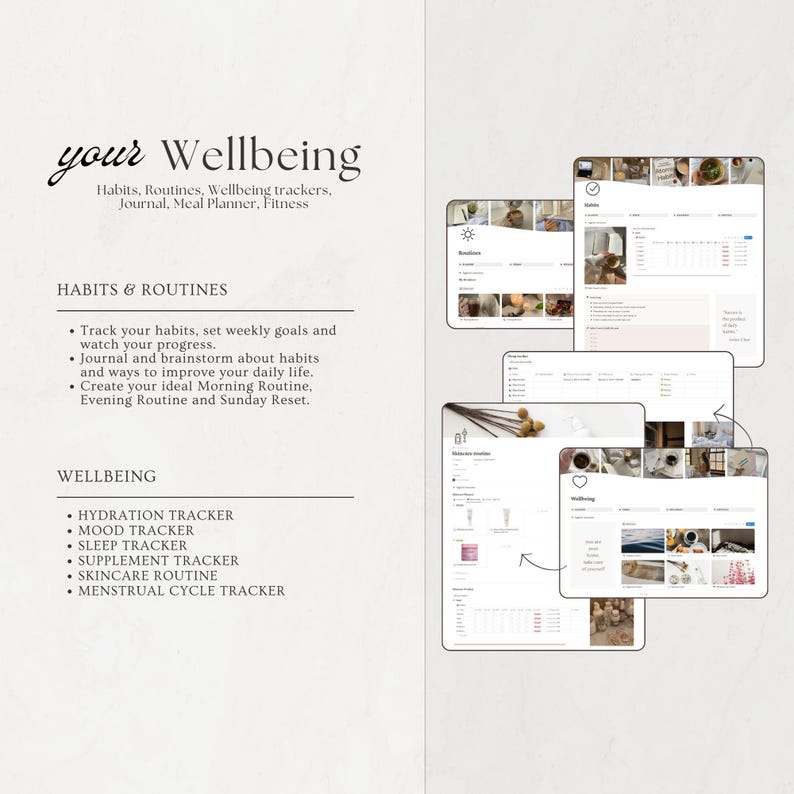 May include: A digital wellbeing planner with the text "your Wellbeing" and sections for habits, routines, and wellbeing trackers. Includes trackers for hydration, mood, sleep, supplements, skincare, and menstrual cycles. Features a clean, minimalist design.