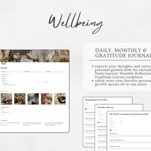 May include: A digital journal template for daily, monthly, and gratitude journaling. The template features a simple design with a white background and black text. The text includes the words "Wellbeing", "Journal", "Daily, Monthly & Gratitude Journal", and "My gratitudes XX/YY/ZZ".
