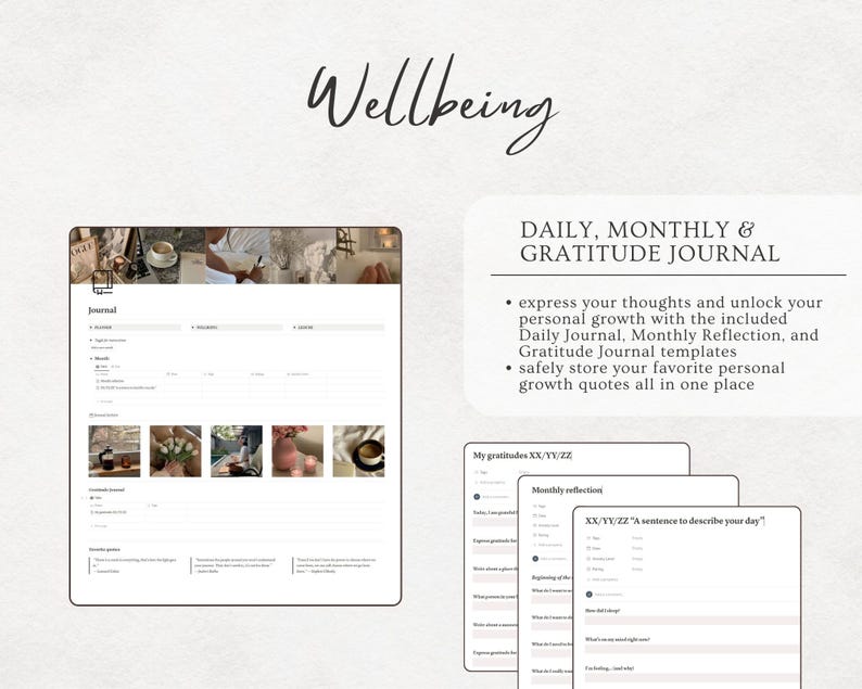 May include: A digital journal template for daily, monthly, and gratitude journaling. The template features a simple design with a white background and black text. The text includes the words "Wellbeing", "Journal", "Daily, Monthly & Gratitude Journal", and "My gratitudes XX/YY/ZZ".