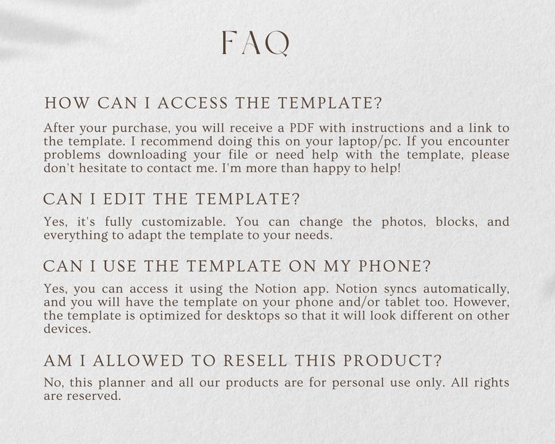 K&ouml;nnte beinhalten: FAQ-Bereich einer digitalen Produktliste mit Text, der erkl&auml;rt, wie man auf die Vorlage zugreift, sie bearbeitet und auf einem Telefon verwendet. Der Text besagt auch, dass das Produkt nur f&uuml;r den pers&ouml;nlichen Gebrauch bestimmt ist.