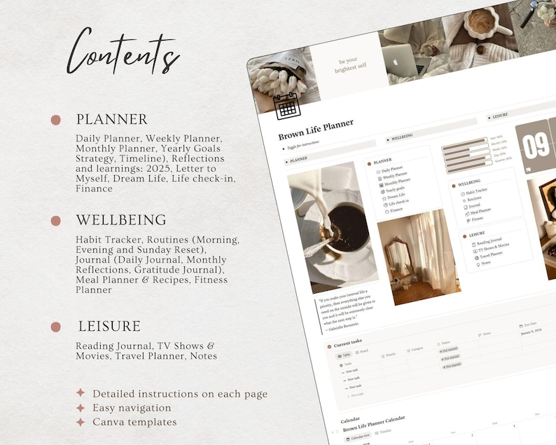2026 Notion Life Planner, Notion Template, All in one Notion Planner, Notion Dashboard, Personal Planner ADHD Planner Brown Aesthetic image 2