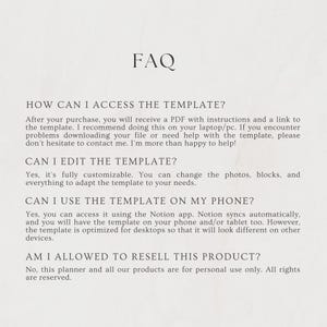 May include: A cream-coloured digital document with the word "FAQ" at the top. The document provides answers to common questions about accessing, editing, and using a template, including whether it can be used on a phone.