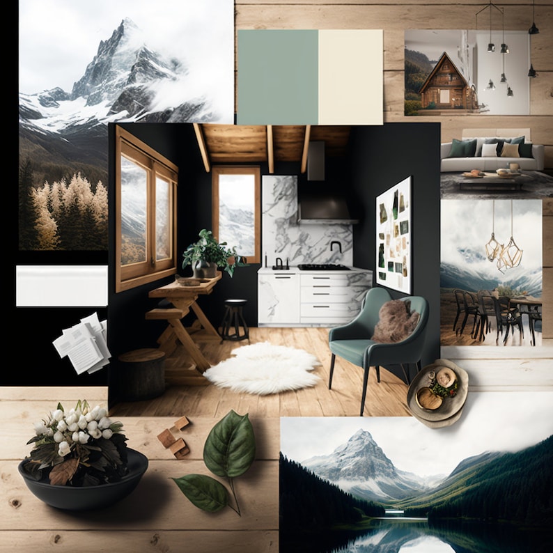 INTERIOR DESIGN MOODBOARD Swiss Chalet design moodboard canva moodboard image 1