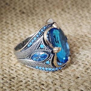 Aquamarine Stone Men Ring, 925 Sterling Silver Aquamarine Ring, Turkish Handmade Jewelry, Gift For Husband, Men&#39;s Jewelry, Gift For Him