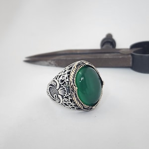Sterling Silver Green Agate Ring, Mens Green Agate Ring, Handmade Gemstone Ring, Islamic Ring, Men Silver Ring, Gift for Husband