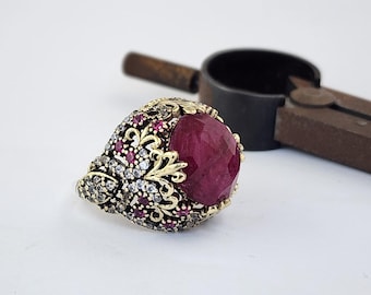 Handmade Ruby Ring: Ottoman 925k Sterling Silver, Bronze Accents