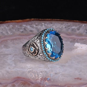 Aquamarine Stone Men Ring, 925 Sterling Silver Aquamarine Ring, Turkish Handmade Jewelry, Gift For Husband, Men&#39;s Jewelry, Gift For Him