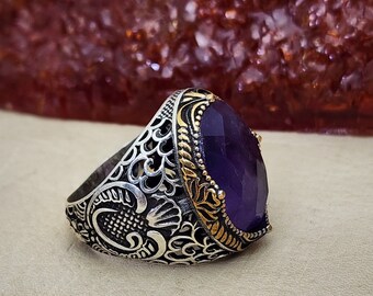 Amethyst Sterling Silver Men&#39;s Ring - Turkish Handmade Jewelry