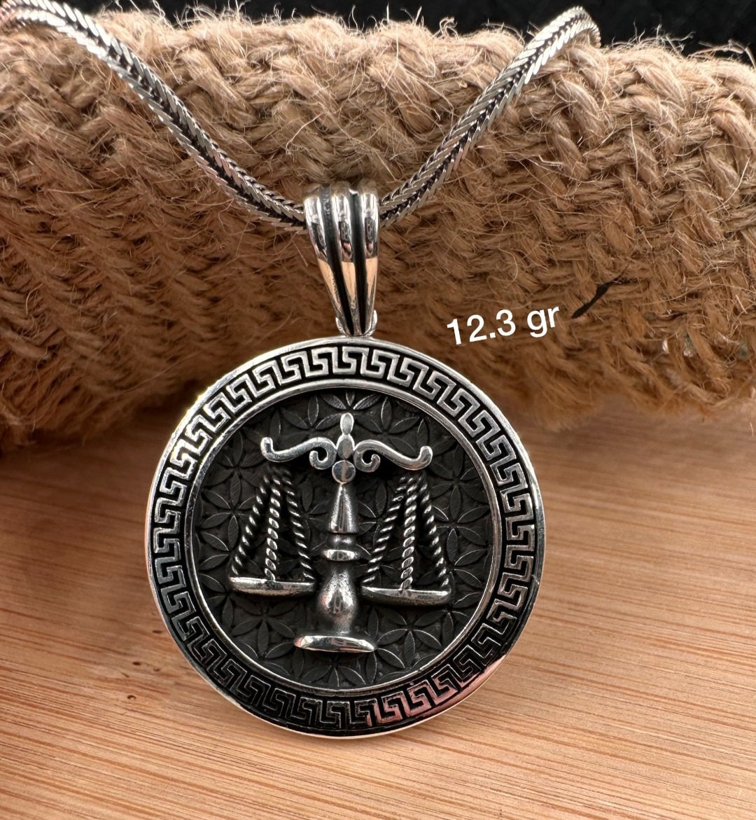 Sterling Silver Men Necklace, Scales of Justice Necklace, Oxidized Men Jewelry, Mans Silver
