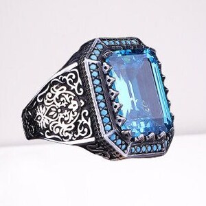 Aquamarine Stone Men Ring, 925 Sterling Silver Aquamarine Ring, Turkish Handmade Jewelry, Gift For Husband, Men&#39;s Jewelry, Gift For Him