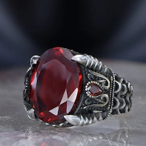 Handmade Red Garnet Sterling Silver Ring - Turkish Mens Jewelry
