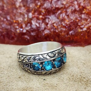 Alliance pour homme aigue-marine, bague en argent sterling gravée à la main, bague de fiançailles pour homme avec pierre, bijoux uniques pour homme, cadeau de Saint-Valentin