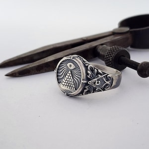 Sterling Silver Masonic Ring: All Seeing Eye Symbol - Handmade