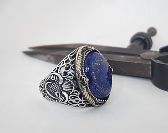 Handmade 925K Sterling Silver Lapis Lazuli Men Ring , Silver Handcraft Men Ring With Lapis Lazuli Stone , Men Ring Jewelry ,Gift For Him