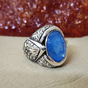 Alliance aigue-marine pour homme, bague en argent sterling gravée à la main, bague de fiançailles pour homme avec pierre, bijoux uniques pour homme, cadeau de la Saint-Valentin