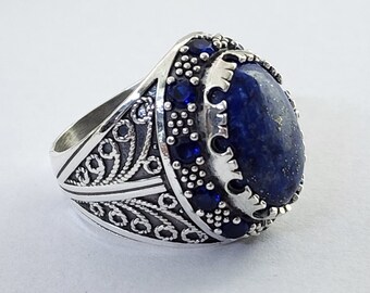 Lapis Lazuli Silver Ring, Floral Design Sterling Silver Men Ring, Cabachon Gemstone Ring, Oxidized Silver Large Ring, Gift for Father&#39;s Day