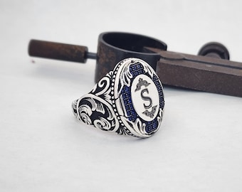 Sterling Silver Initial Signet Ring - Custom Letter Ring