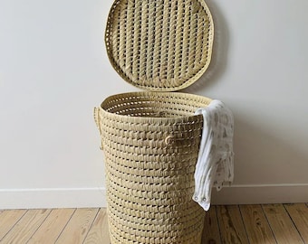 Round palm leaf storage basket