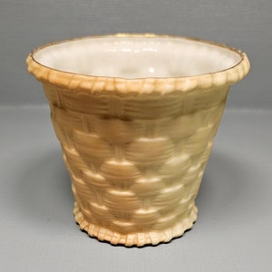 May include: A small, white ceramic planter with a woven basket design. The planter has a gold rim and is in a light brown colour.