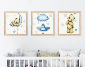 Set di stampe acquerello per la cameretta dei bambini con orsetto di peluche, luna blu e stelle (download digitale)
