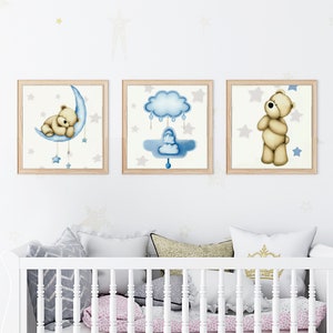 Watercolor Set of 3 Teddy Bear Print, Bear Nursery Decor, Baby Boy, Blue Nursery Poster, Nursery Print - Digital download