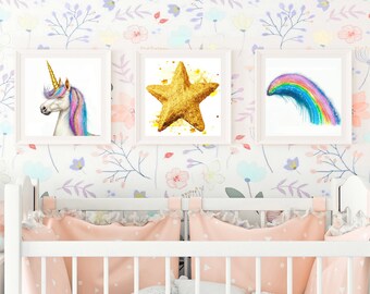 Set di stampe per la cameretta dei bambini con unicorno ad acquerello, arcobaleno e stelle (download digitale)