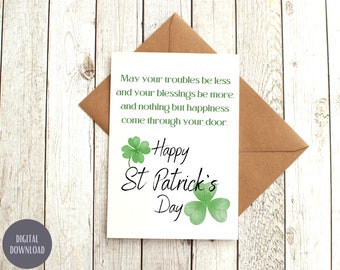 Biglietto di auguri per la festa di San Patrizio con benedizione irlandese, trifoglio stampabile (PDF o JPG)