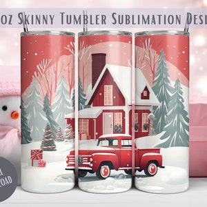20oz Skinny tumbler, red truck Christmas wrap, watercolor Christmas tumbler sublimation design, festive holiday design