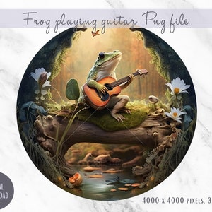 Frog playing a guitar, playing banjo on a log, cottagecore, goblincore, PNG file digital download, sublimation image, silhouette cameo